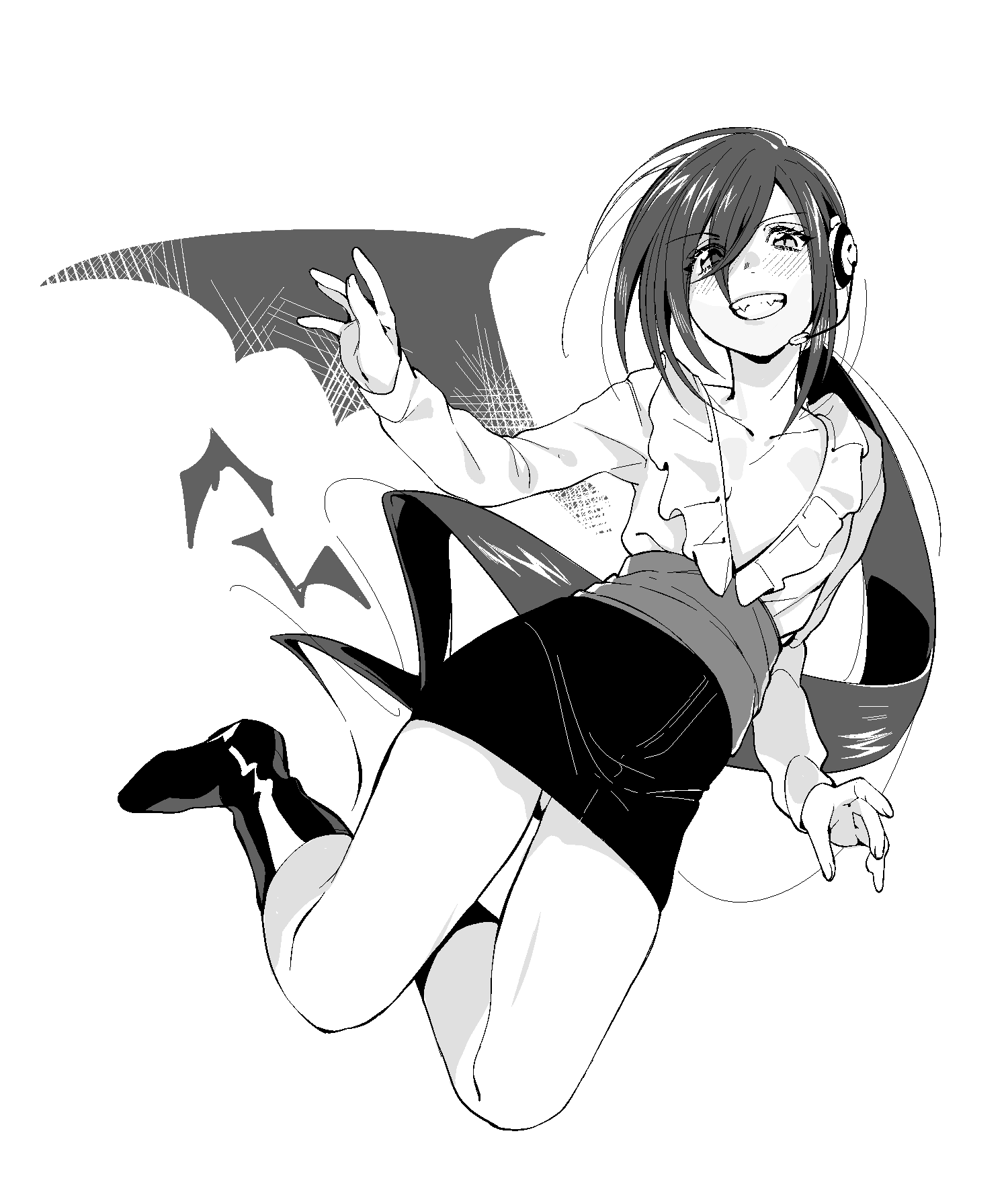1girl bat_wings blouse boots clenched_teeth full_body greyscale grin headphones highres lady_bat long_hair looking_at_viewer mermaid_melody_pichi_pichi_pitch microphone monochrome open_blouse open_clothes pencil_skirt ponytail sash simple_background skirt smile solo teeth very_long_hair white_background wide_sleeves wings wntame