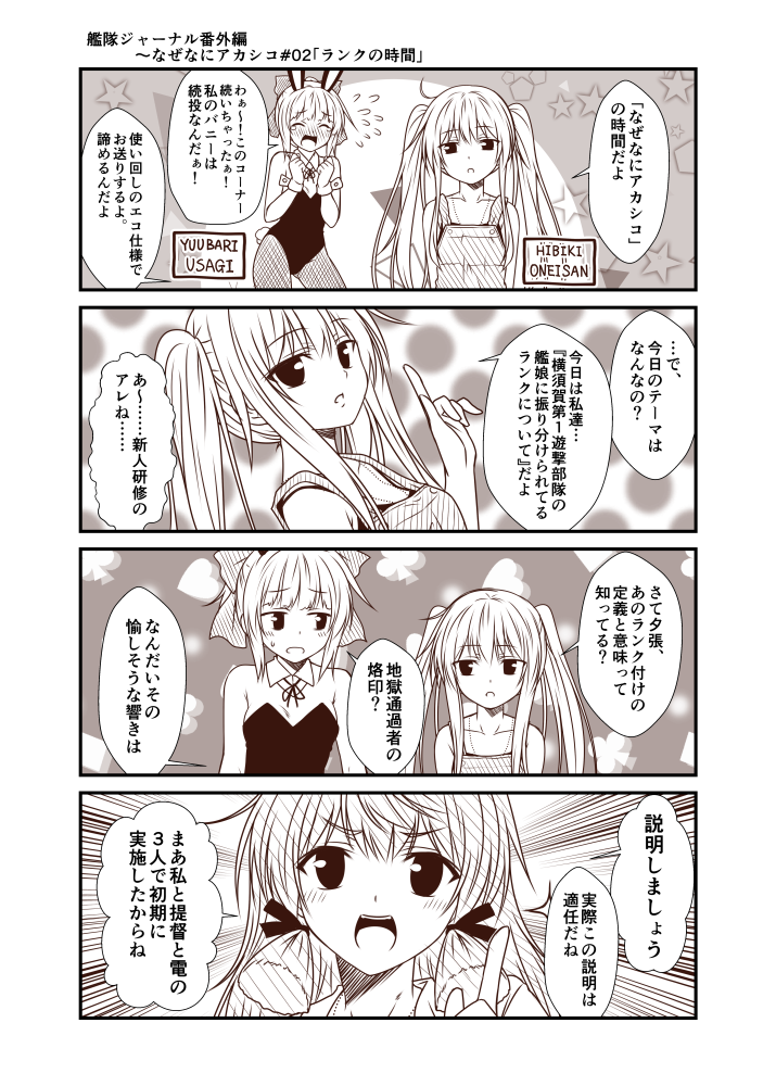 10s akashi_(kantai_collection) alternate_costume alternate_hairstyle animal_ears bare_arms bare_shoulders blush bunnysuit collarbone comic commentary_request cuff_links dog_tags embarrassed expressionless eyebrows_visible_through_hair hair_ribbon hibiki_(kantai_collection) index_finger_raised jewelry kantai_collection long_hair monochrome multiple_girls necklace open_mouth overalls ponytail rabbit_ears ribbon school_uniform short_hair smile speech_bubble sweatdrop tied_hair translation_request twintails yua_(checkmate) yuubari_(kantai_collection)