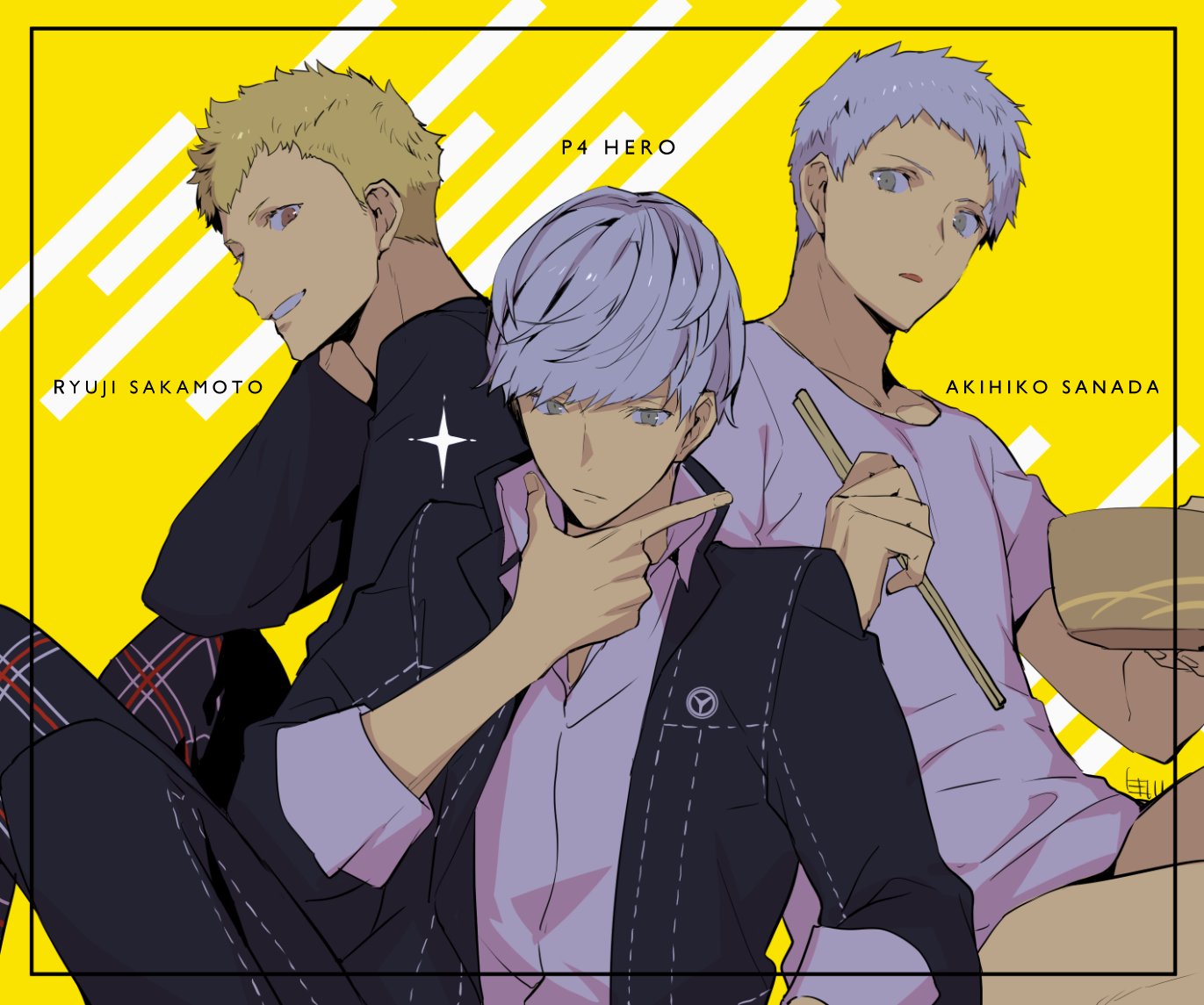 10s 3boys blonde_hair character_name chopsticks male_focus multiple_boys narukami_yuu persona persona_3 persona_4 persona_5 sakamoto_ryuuji sanada_akihiko school_uniform short_hair silver_hair simple_background smile white_hair yasogami_school_uniform yellow_background