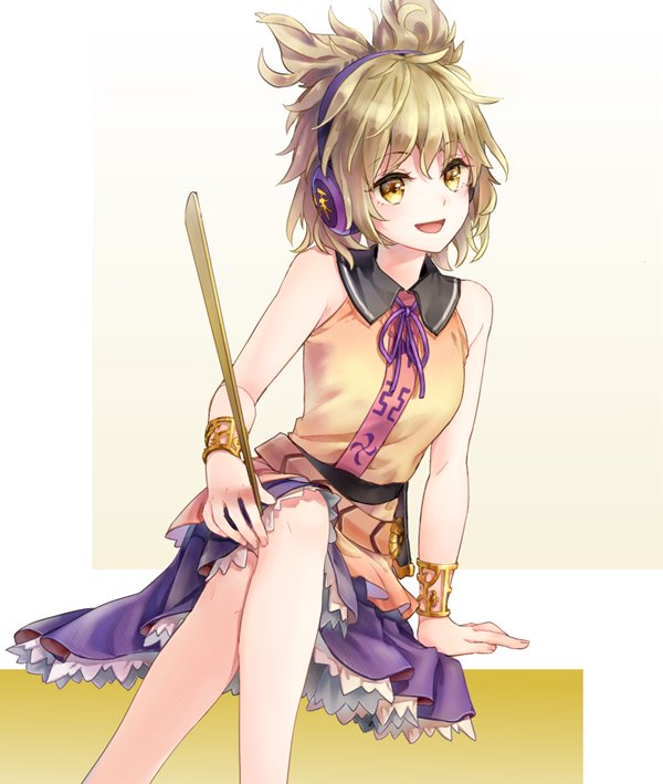 1girl :d akidzuki_haruhi arm_support bare_shoulders blush bracelet brown_hair earmuffs jewelry legs_crossed looking_at_viewer neck_ribbon open_mouth petticoat pointy_hair purple_skirt ribbon ritual_baton shirt short_hair sitting skirt sleeveless sleeveless_shirt smile solo touhou toyosatomimi_no_miko yellow_eyes