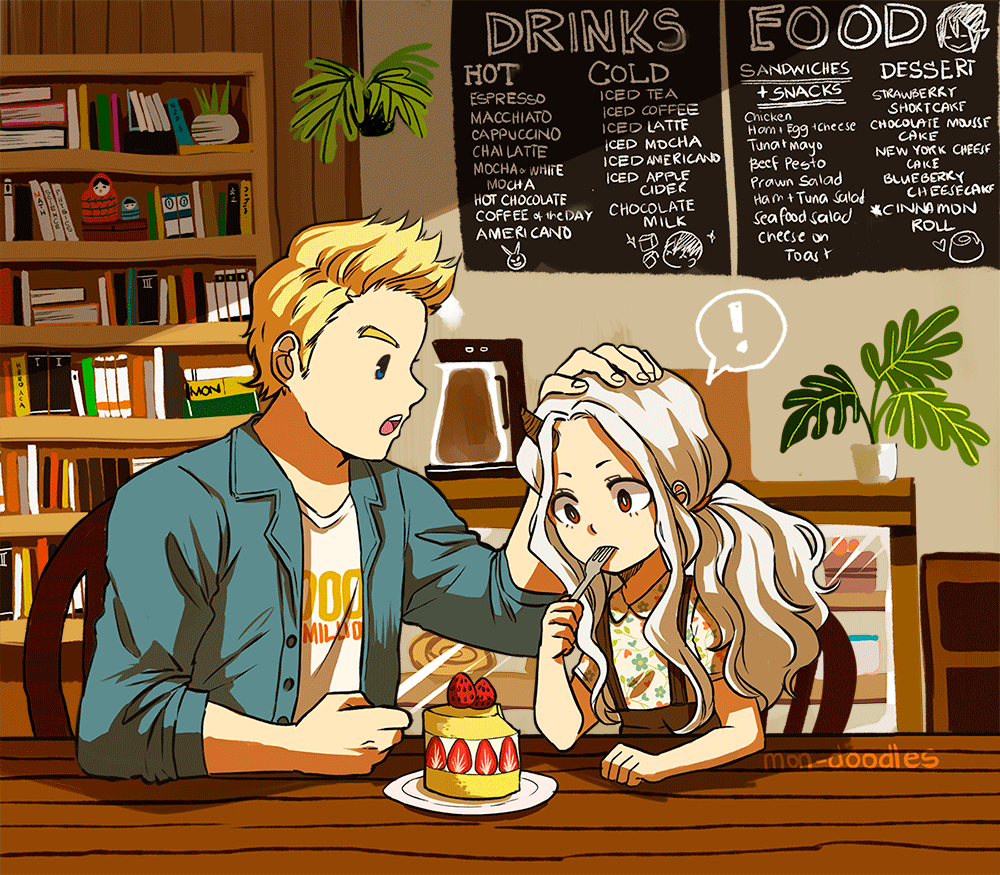 ! 1boy 1girl ^_^ alternate_costume animated animated_gif blonde_hair blue_eyes boku_no_hero_academia book bookshelf cafe cake casual chair closed_eyes coffee eri_(boku_no_hero_academia) floral_print food fork_in_mouth fruit hand_on_another's_head happy heart horn indoors long_hair menu menu_board mon-doodles orange_eyes petting plant ponytail pot smile strawberry thought_bubble toogata_mirio wooden_table