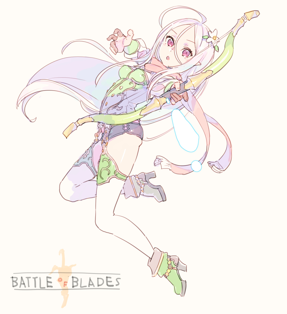 1girl :o ahoge aiming_at_viewer ankle_boots attacking_viewer battle_of_blades boots bow_(weapon) breasts commentary_request copyright_name flower foreshortening full_body green_vest hair_between_eyes hair_flower hair_ornament high_heel_boots high_heels holding holding_bow_(weapon) holding_weapon jumping long_hair looking_at_viewer nagisa_kurousagi panties parted_lips pink_background pink_eyes pink_hair pointy_ears scarf simple_background small_breasts solo underwear very_long_hair vest weapon