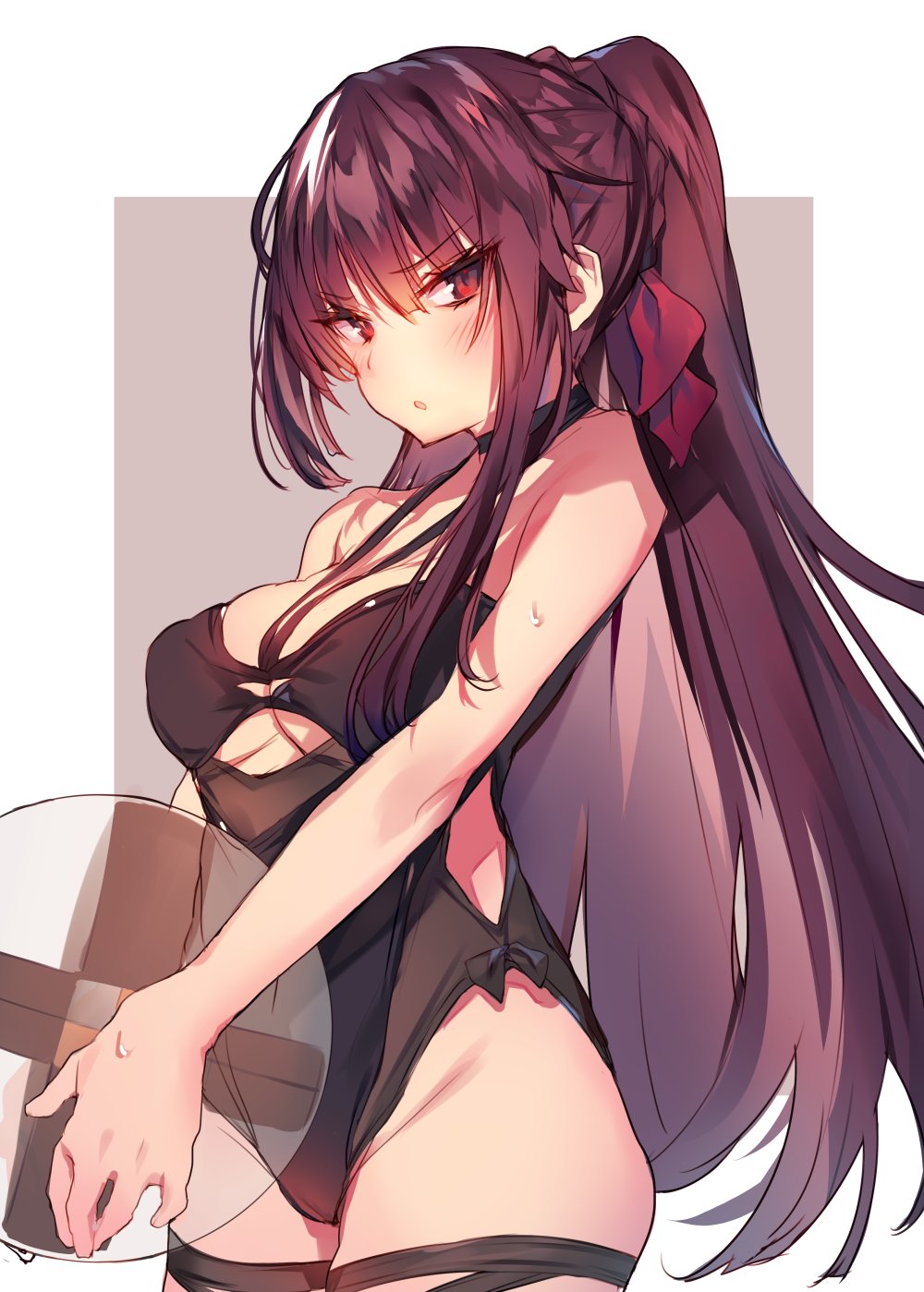 1girl ball bare_shoulders beachball black_swimsuit braid breasts casual_one-piece_swimsuit cleavage cowboy_shot eyebrows_visible_through_hair girls_frontline hair_between_eyes hair_ribbon halterneck highres large_breasts long_hair looking_at_viewer one-piece_swimsuit outside_border parted_lips ponytail purple_hair red_eyes ribbon simple_background single_sidelock solo soukou_makura swimsuit thigh_strap tsurime very_long_hair wa2000_(girls_frontline) wet