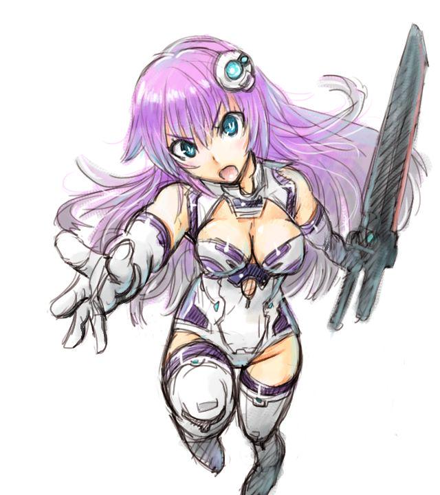 1girl amania_orz angry blue_eyes blush breasts choujigen_game_neptune cleavage elbow_gloves fighting_stance full_body gloves hair_ornament long_hair looking_at_viewer medium_breasts nepgear neptune_(series) open_mouth pink_hair purple_sister simple_background sword weapon white_background