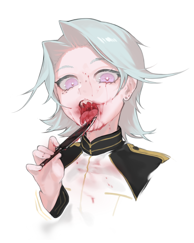 1girl blood blood_drip blood_on_face cropped_torso forked_tongue grey_hair holding holding_knife horror knife licking long_sleeves looking_at_viewer military military_jacket military_uniform open_mouth original pink_eyes sharp_teeth short_hair solo teeth tongue tongue_out uniform wntame