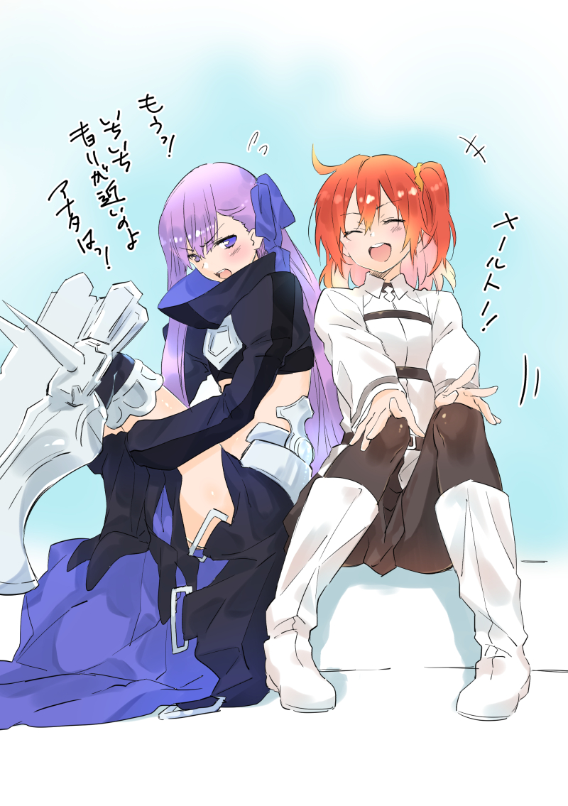 2girls armor armored_boots asa_kusa_99 blue_eyes blue_ribbon blush boots commentary_request fate/grand_order fate_(series) flying_sweatdrops fujimaru_ritsuka_(female) hair_ribbon knees_together_feet_apart knees_up long_hair long_sleeves meltlilith multiple_girls open_mouth orange_hair pantyhose purple_hair revealing_clothes ribbon scrunchie shirt side_ponytail sitting spikes translation_request very_long_hair white_boots white_shirt