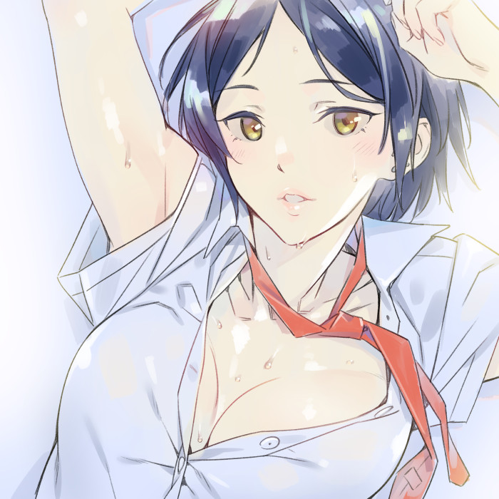 1girl arms_up bangs blue_hair blue_shirt blush breasts brown_eyes bubuzuke commentary_request from_above hayami_kanade idolmaster idolmaster_cinderella_girls large_breasts lips looking_at_viewer lying necktie no_bra on_back parted_bangs parted_lips red_necktie shirt short_hair short_sleeves smile solo sweat unbuttoned unbuttoned_shirt undone_necktie