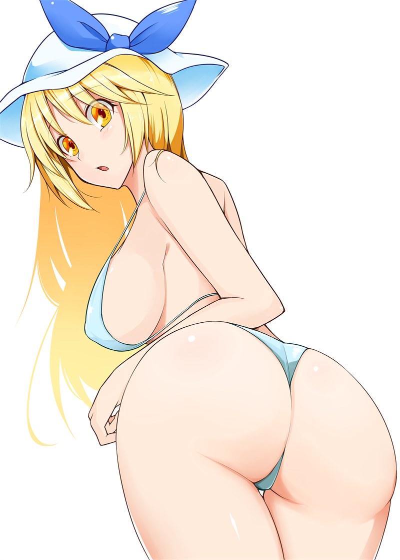 1girl ass bent_over bikini blonde_hair blush breasts cowboy_shot from_behind hat hat_ribbon jajao large_breasts long_hair looking_at_viewer looking_back parted_lips ribbon sideboob solo swimsuit thigh_gap touhou watatsuki_no_toyohime white_bikini yellow_eyes