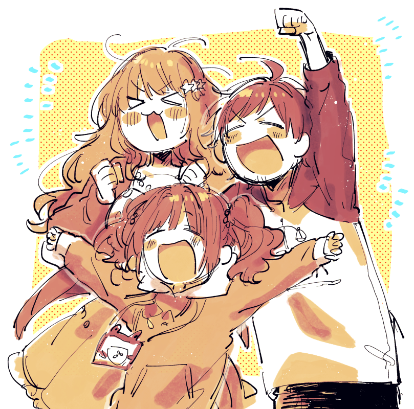 &gt;_&lt; 1boy 2girls :3 blush clenched_hand duo_chromatic hood hoodie idolmaster idolmaster_cinderella_girls idolmaster_side-m long_hair moroboshi_kirari multiple_girls name_tag outstretched_arms suzuki_yui sweatshirt takatsuki_yayoi tendou_teru twintails