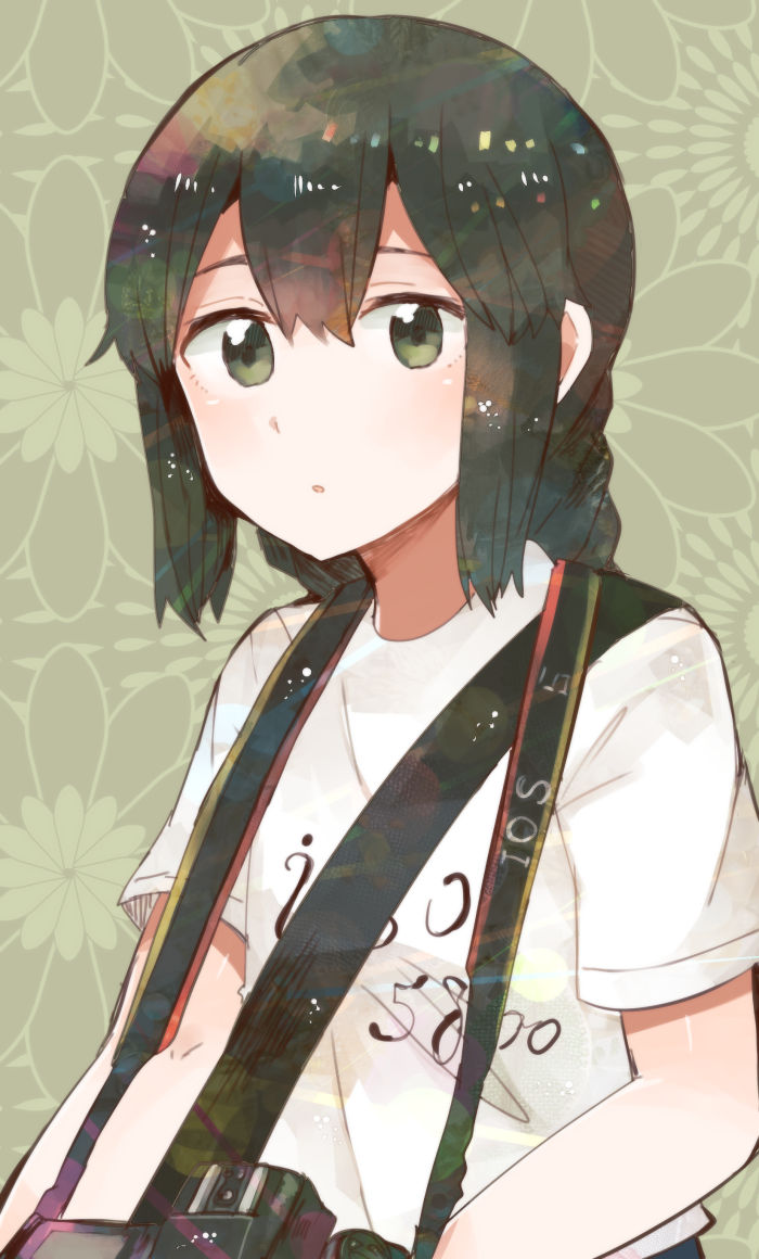 10s 1girl alternate_costume black_hair braid brown_eyes camera hair_between_eyes isonami_(kantai_collection) itomugi-kun kantai_collection long_hair open_mouth shirt short_sleeves solo twin_braids white_shirt