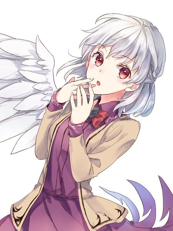 1girl akidzuki_haruhi bangs blush bow bowtie braid cowboy_shot dress feathered_wings french_braid jacket kishin_sagume long_sleeves looking_at_viewer open_clothes open_jacket purple_dress red_bow red_bowtie red_eyes silver_hair single_wing solo touhou white_wings wings