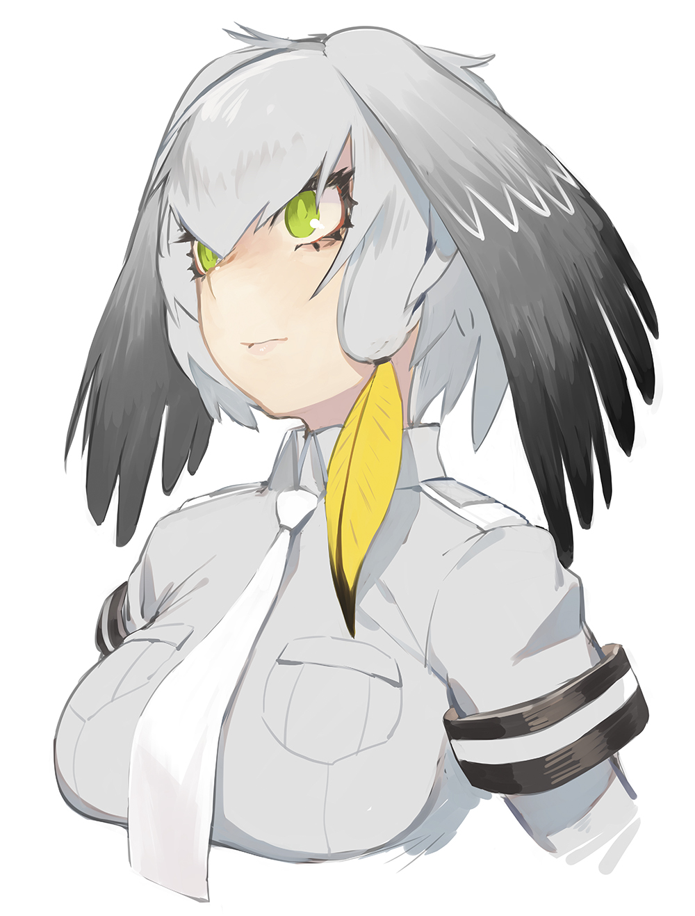 1girl black_hair blonde_hair breast_pocket breasts collared_shirt green_eyes grey_hair grey_shirt hair_between_eyes hair_tie head_wings highres juz kemono_friends large_breasts long_hair multicolored_hair necktie pocket shirt shoebill_(kemono_friends) short_sleeves simple_background solo upper_body white_background white_necktie