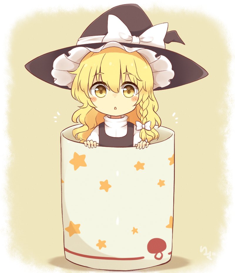 1girl :o blush blush_stickers braid commentary cup food_print hat in_container in_cup kirisame_marisa long_hair looking_at_viewer minigirl mushroom_print riza_dxun side_braid single_braid solo star star_print touhou turtleneck wavy_hair witch_hat