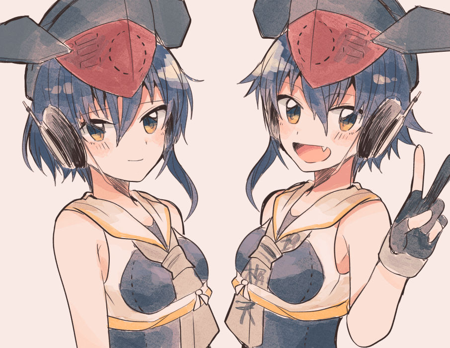 10s 2girls asymmetrical_hair black_hair black_swimsuit brown_eyes fang framed_breasts gloves hair_between_eyes hat headphones i-13_(kantai_collection) i-14_(kantai_collection) itomugi-kun kantai_collection looking_at_viewer multiple_girls neckerchief partly_fingerless_gloves sailor_collar school_swimsuit short_hair single_glove sisters smile swimsuit twins upper_body v