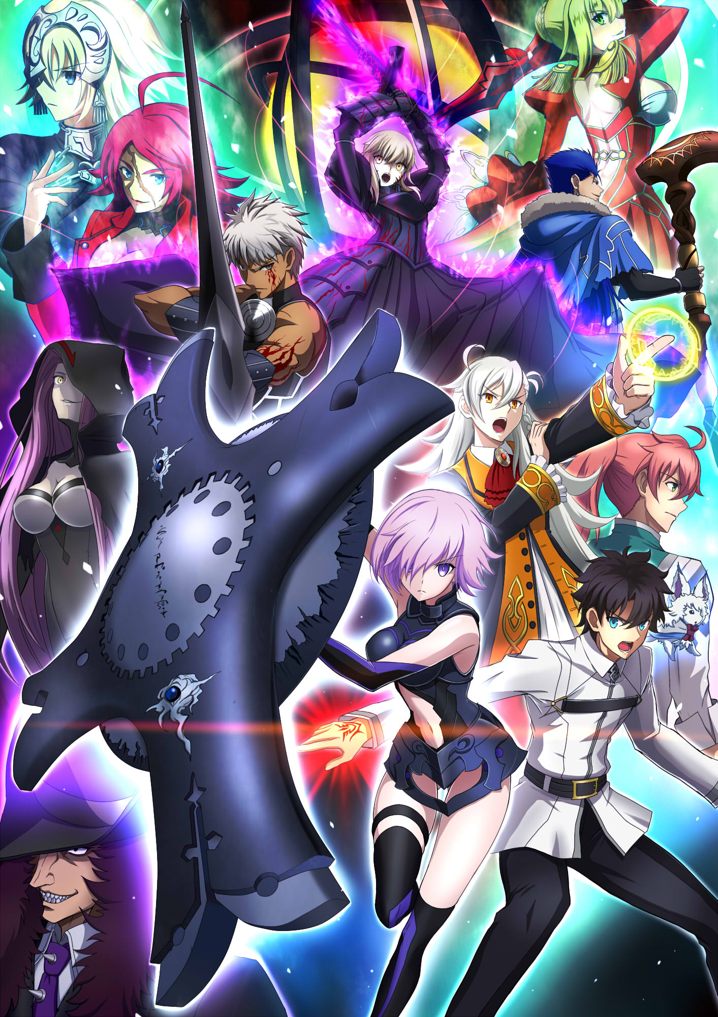 4boys 6+girls ahoge archer arm_up armor armored_dress arms_up artoria_pendragon_(all) black_dress black_gloves black_hair black_hat black_legwear black_pants blonde_hair blood blood_on_face bloody_clothes blue_cape blue_eyes blue_hair breasts breasts_apart cape character_request cleavage cu_chulainn_(fate/grand_order) cutout_cleavage dress elbow_gloves fate/grand_order fate_(series) fingerless_gloves fou_(fate/grand_order) fujimaru_ritsuka_(male) gloves green_eyes grin hair_between_eyes hair_over_one_eye hat highres holding holding_shield holding_staff holding_sword holding_weapon hood index_finger_raised lancer large_breasts lev_lainur_flauros long_dress looking_at_viewer magic_circle masukudo_(hamamoto_hikaru) medusa_(lancer_alter)_(fate) midriff multiple_boys multiple_girls navel neckerchief necktie olga_marie_animusphere one_leg_raised open_mouth orange_eyes pants parted_lips pink_hair ponytail purple_hair purple_necktie red_dress red_neckerchief redhead ruler_(fate/apocrypha) saber_alter saber_extra scar shield shielder_(fate/grand_order) short_hair short_hair_with_long_locks sideboob sidelocks silver_hair smile staff stomach sword tattoo thigh-highs very_short_hair violet_eyes weapon