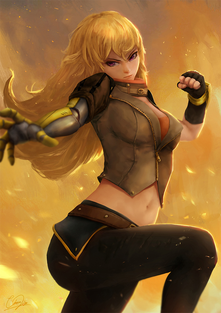 1girl :| artist_name bangs black_pants blonde_hair breasts clenched_hand closed_mouth fingerless_gloves gloves isaac_liew long_hair medium_breasts midriff navel pants partially_unzipped rwby signature solo stomach violet_eyes yang_xiao_long yellow zipper