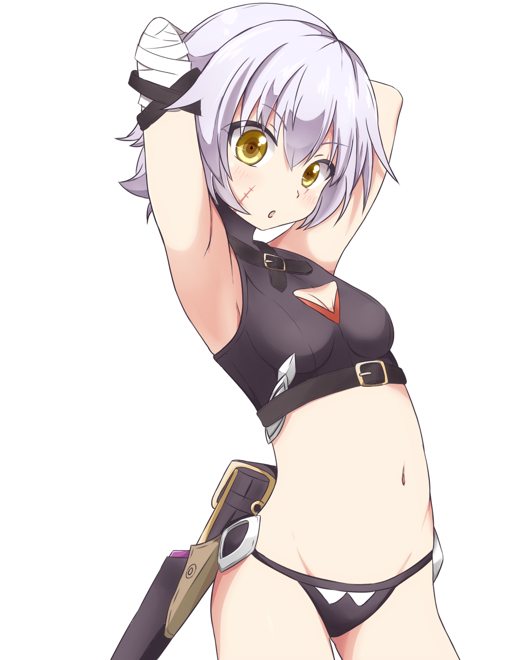 1girl arms_behind_back assassin_of_black bandage bangs belt black_panties black_shirt blackheartxiii breasts cleavage_cutout commentary_request cowboy_shot crop_top eyebrows_visible_through_hair facial_scar fate/apocrypha fate_(series) highres holster looking_at_viewer no_pants panties parted_lips scar shirt short_hair silver_hair simple_background sleeveless sleeveless_shirt small_breasts solo standing underwear white_background yellow_eyes