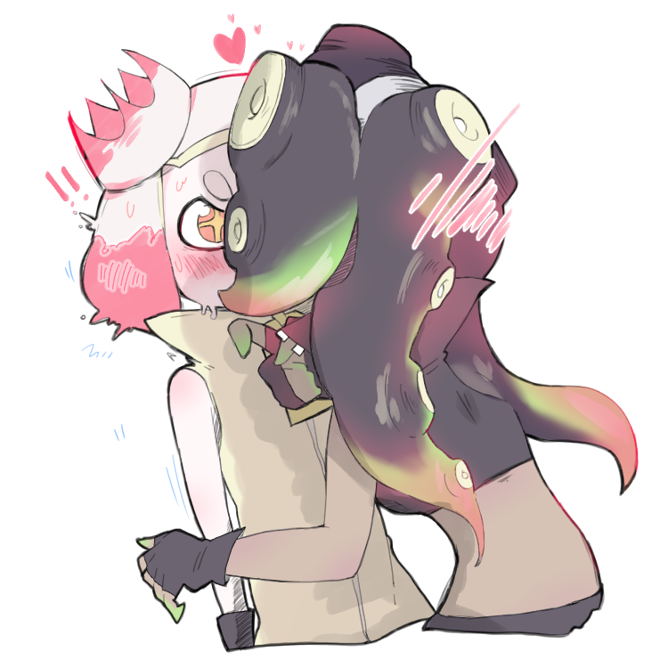 !! +_+ 2girls back bare_arms bare_shoulders black_gloves black_hair blush crop_top crown dark_skin fingerless_gloves gloves green_hair green_skin hand_up headphones heart high_collar hime_(splatoon) iida_(splatoon) implied_kiss long_hair looking_at_another midriff multicolored multicolored_hair multicolored_skin multiple_girls pink_hair redhead shirt short_hair simple_background sleeveless splatoon splatoon_2 standing suction_cups surprised sweat sweating_profusely upper_body white_background yuri