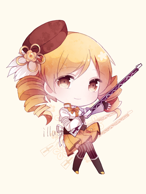 1girl bangs beige_background black_footwear blonde_hair boots brown_eyes chibi closed_mouth cuivre drill_hair eyebrows_visible_through_hair full_body gun hair_ornament hat holding holding_gun holding_weapon long_sleeves looking_at_viewer mahou_shoujo_madoka_magica musket pleated_skirt shirt simple_background skirt smile solo striped striped_legwear thigh-highs tomoe_mami twin_drills vertical-striped_legwear vertical_stripes weapon white_shirt yellow_skirt