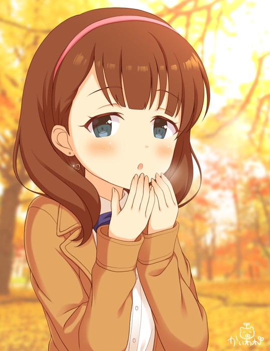 1girl :o autumn autumn_leaves bangs blue_eyes blue_neckwear blush breath breathing_on_hands brown_hair brown_jacket collared_shirt commentary_request day dress_shirt earrings eyebrows_visible_through_hair fingernails hairband hands_up heart heart_earrings idolmaster idolmaster_cinderella_girls idolmaster_cinderella_girls_starlight_stage jacket jewelry kaiware-san long_hair long_sleeves looking_at_viewer outdoors parted_lips pink_hairband sakuma_mayu shirt signature solo white_shirt