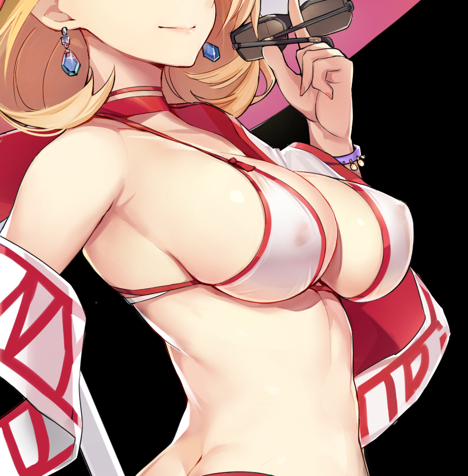 1girl armpits azur_lane bare_shoulders bcat black_background blonde_hair bracelet breasts choker closed_mouth earrings hand_up head_out_of_frame holding holding_sunglasses jewelry large_breasts lipstick makeup medium_hair nail_polish prince_of_wales_(zhan_jian_shao_nyu) red_nails simple_background smile solo sunglasses white_bikini_top