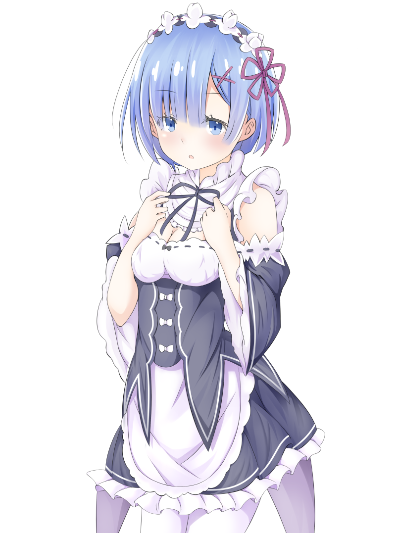 1girl adjusting_clothes apron bangs bare_shoulders blue_eyes blue_hair blush breasts cleavage commentary_request cowboy_shot detached_collar detached_sleeves eyebrows_visible_through_hair hair_ornament hairband hands_on_own_chest jinsan_totsu light_blush looking_away maid medium_breasts neck_ribbon parted_lips re:zero_kara_hajimeru_isekai_seikatsu rem_(re:zero) ribbon ribbon-trimmed_clothes ribbon-trimmed_sleeves ribbon_trim shiny shiny_hair short_hair solo standing waist_apron white_apron white_background white_legwear x_hair_ornament