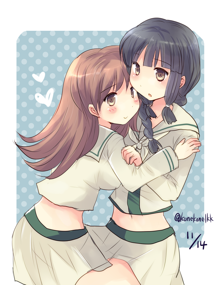 2girls bangs black_hair blue_background blunt_bangs braid brown_eyes brown_hair cowboy_shot dated hair_over_shoulder hirune_(konekonelkk) hug kantai_collection kitakami_(kantai_collection) long_hair midriff multiple_girls ooi_(kantai_collection) pleated_skirt polka_dot polka_dot_background school_uniform serafuku sidelocks single_braid skirt twitter_username white_skirt