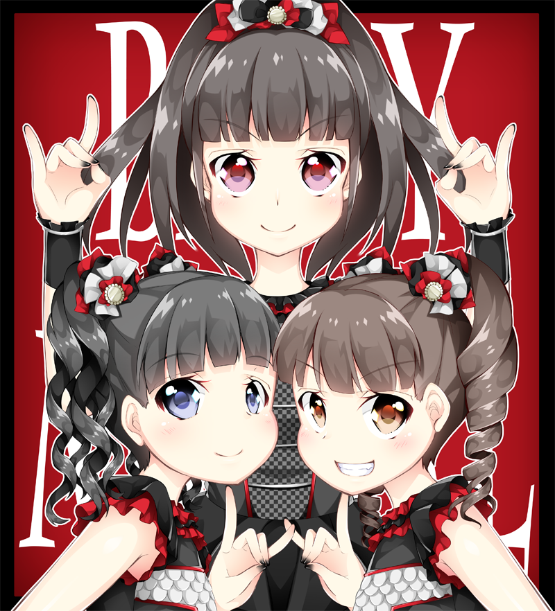 &gt;:) &gt;:d 3girls :d \m/ armpit_peek babymetal bangs black_border black_hair black_nails black_shirt black_skirt blue_eyes blunt_bangs blush border brown_eyes brown_hair collar commentary_request curly_hair double_\m/ drill_hair eyebrows_visible_through_hair fingernails frilled_collar frilled_sleeves frills grin hair_ornament idol inumine_aya kikuchi_moa long_hair looking_at_viewer looking_to_the_side mizuno_yui multiple_girls nail_polish nakamoto_suzuka open_mouth red_background red_eyes shirt skirt sleeveless sleeveless_shirt smile twin_drills twintails