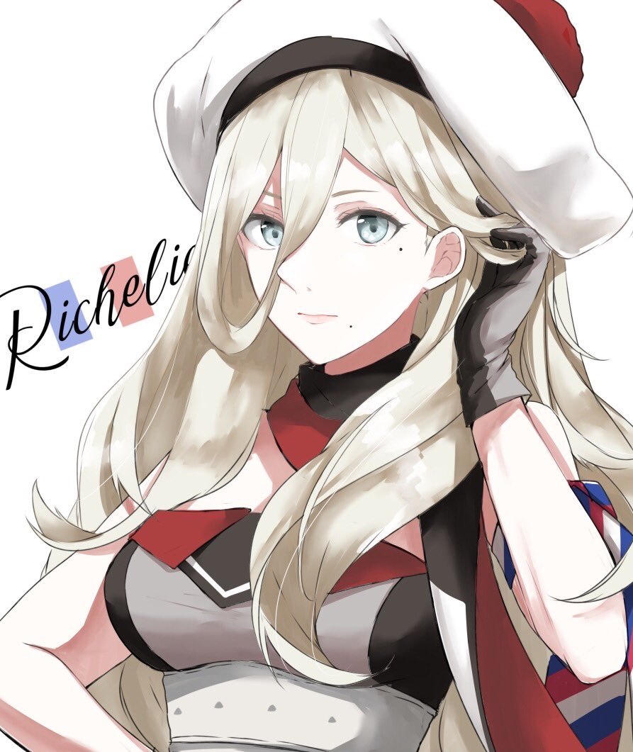 10s 1girl adjusting_hair armband beret black_gloves blonde_hair blue_eyes breasts character_name closed_mouth french_flag gloves hair_between_eyes hand_in_hair hand_up hat kantai_collection light_smile lips long_hair looking_at_viewer medium_breasts mole mole_under_eye morinaga_(harumori) multicolored multicolored_clothes multicolored_scarf richelieu_(kantai_collection) scarf simple_background solo strapless underbust upper_body white_background white_hat
