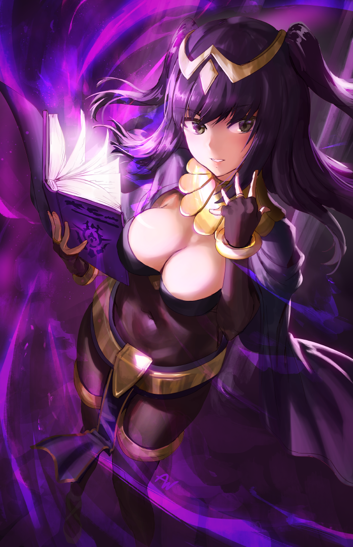 1girl athenawyrm bangs belt black_cape black_gloves black_hair blush bodystocking book breasts cape circlet cleavage covered_navel elbow_gloves eyebrows_visible_through_hair fire_emblem fire_emblem:_kakusei foreshortening gloves glowing green_eyes holding holding_book jewelry loincloth long_hair looking_at_viewer looking_up magic medium_breasts neck_ring open_book parted_lips signature skin_tight smile standing tharja thigh_strap two_side_up