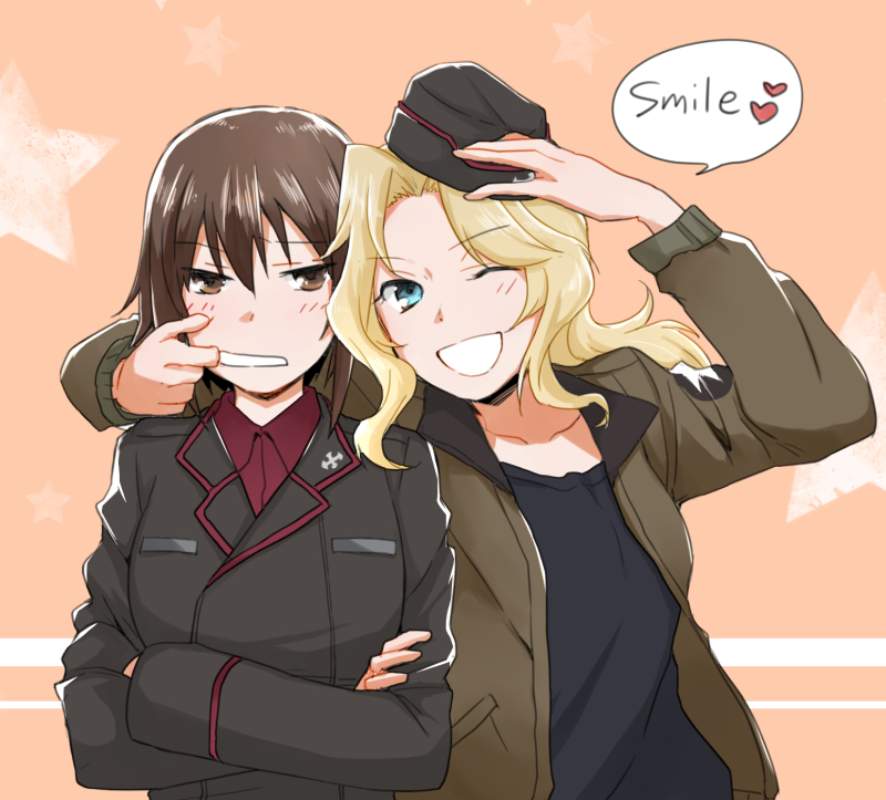 2girls :d bangs black_hat black_jacket black_shirt blonde_hair blue_eyes brown_eyes brown_hair brown_jacket closed_mouth comic commentary_request crossed_arms dress_shirt emblem english facing_viewer garrison_cap girls_und_panzer hair_intakes hat hat_removed hat_theft headwear_removed heart jacket kay_(girls_und_panzer) kuromorimine_military_uniform long_hair long_sleeves looking_at_another military military_hat military_uniform mouth_pull multiple_girls nishizumi_maho open_clothes open_jacket open_mouth red_shirt saunders_military_uniform shirt short_hair smile standing star uniform upper_body yuhi