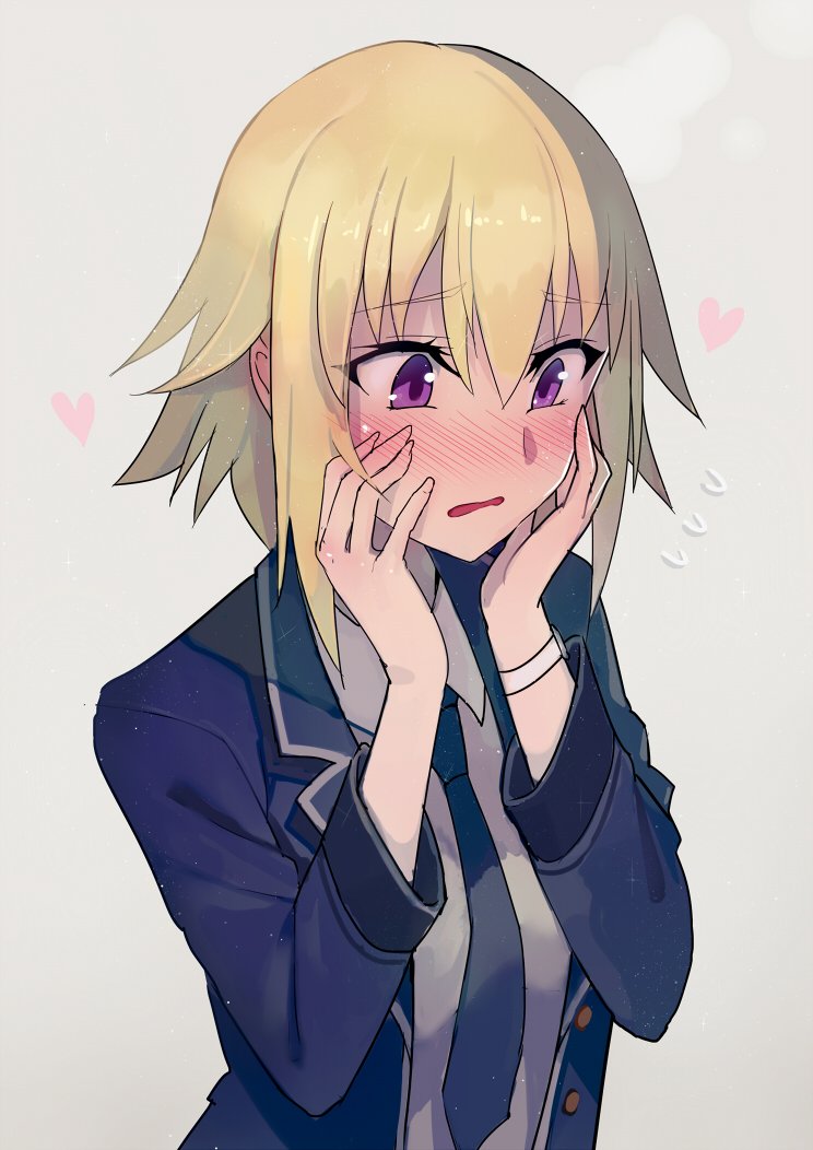 1girl bangs blazer blonde_hair blush embarrassed fate/apocrypha fate_(series) formal hair_between_eyes hands_on_own_face heart holding holding_face jacket jeanne_d'arc_(fate)_(all) looking_down necktie open_mouth ruler_(fate/apocrypha) solo upper_body violet_eyes walzrj wristband