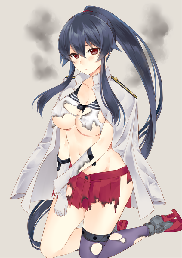 10s 1girl black_hair blush breasts collarbone collared_jacket epaulettes gloves gradient gradient_background grey_background hair_between_eyes hand_on_arm ichinomiya_(blantte) jacket kantai_collection kneeling large_breasts long_hair military military_uniform navel pleated_skirt ponytail purple_legwear red_eyes red_skirt rudder_shoes single_thighhigh skirt smoke solo thigh-highs torn_clothes uniform very_long_hair white_gloves white_jacket yahagi_(kantai_collection)