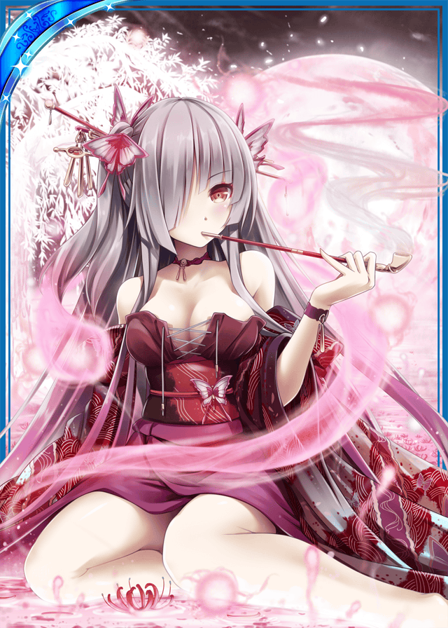 1girl akkijin breasts butterfly card_(medium) forest frozen_lake hair_ornament japanese_clothes kimono long_hair moon nature night night_sky one_eye_covered pipe red_eyes red_kimono shinkai_no_valkyrie silver_hair sitting sky smoking smoking_pipe snow snowflakes solo