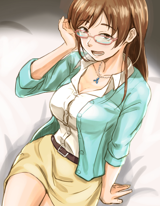 1girl bespectacled breasts brown_eyes brown_hair glasses idolmaster idolmaster_cinderella_girls jewelry long_hair looking_at_viewer medium_breasts necklace nitta_minami open_mouth smile solo unu_(unucence)