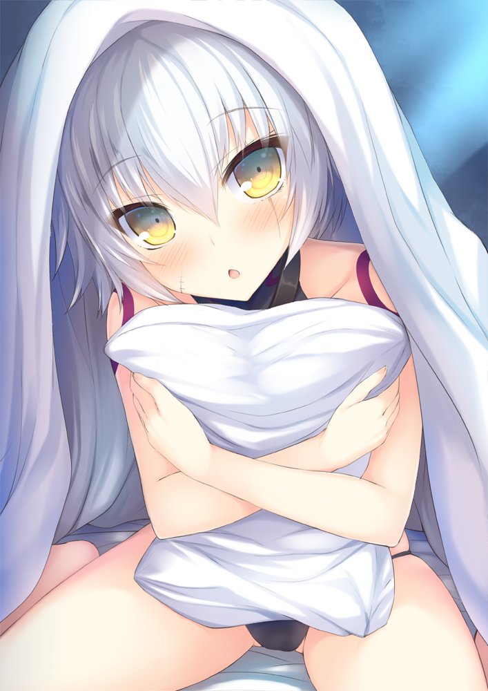 1girl :o assassin_of_black bangs bare_arms bare_legs bare_shoulders bed_sheet bikini bikini_bottom black_bikini blanket blush crossed_arms eyebrows_visible_through_hair facial_scar fate/grand_order fate_(series) hair_between_eyes head_tilt open_mouth pillow pillow_hug scar scar_across_eye short_hair shoulder_tattoo silver_hair sitting skindentation swimsuit taiki_ken tattoo under_covers wariza yellow_eyes