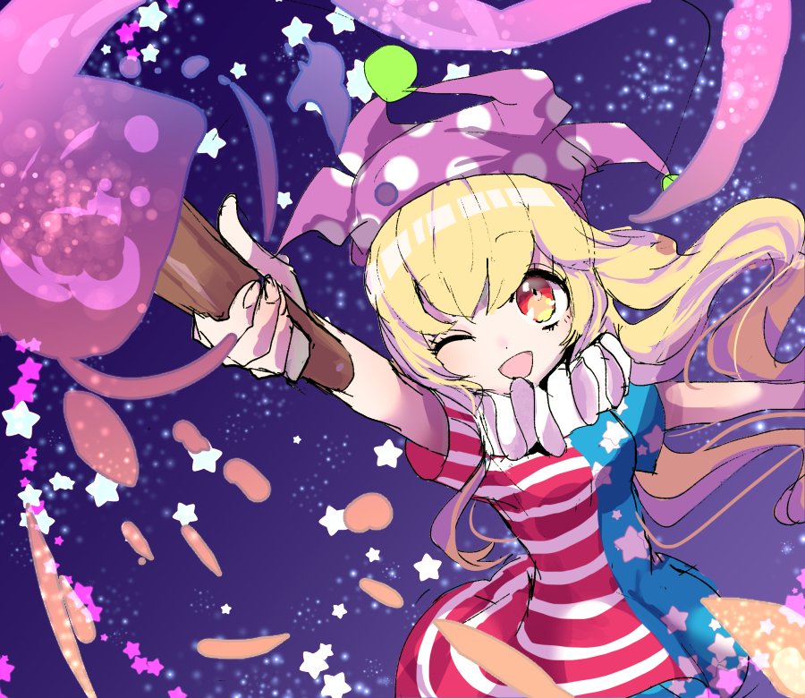 american_flag_dress american_flag_legwear blonde_hair clownpiece dress frilled_shirt_collar frills hat jester_cap leggings long_hair neck_ruff pantyhose pink_eyes polka_dot print_legwear short_dress star star_print striped torch touhou tsukikusa very_long_hair