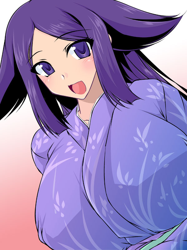 1girl blush breasts huge_breasts japanese_clothes kimono long_hair looking_at_viewer mushibugyou oharu_(mushibugyou) open_mouth purple_hair smile solo soushin_souma violet_eyes