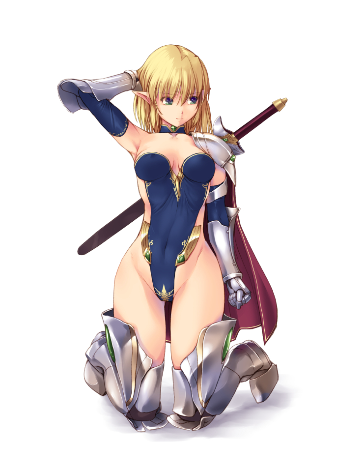 1girl armor armored_boots armpits bangs blonde_hair blue_leotard boots breasts cape closed_mouth covered_navel elf full_body gauntlets green_eyes highleg highleg_leotard kirishima_satoshi kneeling knight leotard light_smile looking_away medium_breasts original pointy_ears sheath sheathed single_pauldron solo sword thigh-highs thigh_boots weapon weapon_on_back