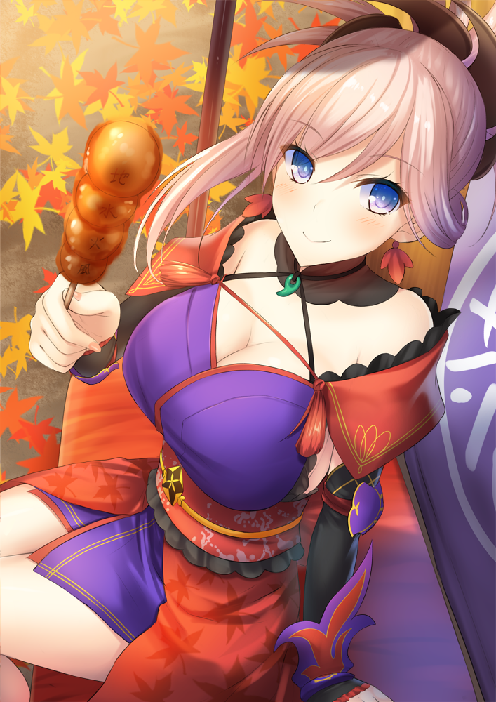 1girl arm_at_side arm_guards autumn bare_shoulders bench blue_eyes blush breasts cleavage dango earrings fate/grand_order fate_(series) food frills from_side holding holding_food japanese_clothes jewelry kimono large_breasts long_hair looking_at_viewer looking_to_the_side magatama miyamoto_musashi_(fate/grand_order) nail_polish off_shoulder outdoors pink_nails ponytail purple_kimono sash shiny shiny_hair silver_hair sitting solo taiki_ken tareme wagashi