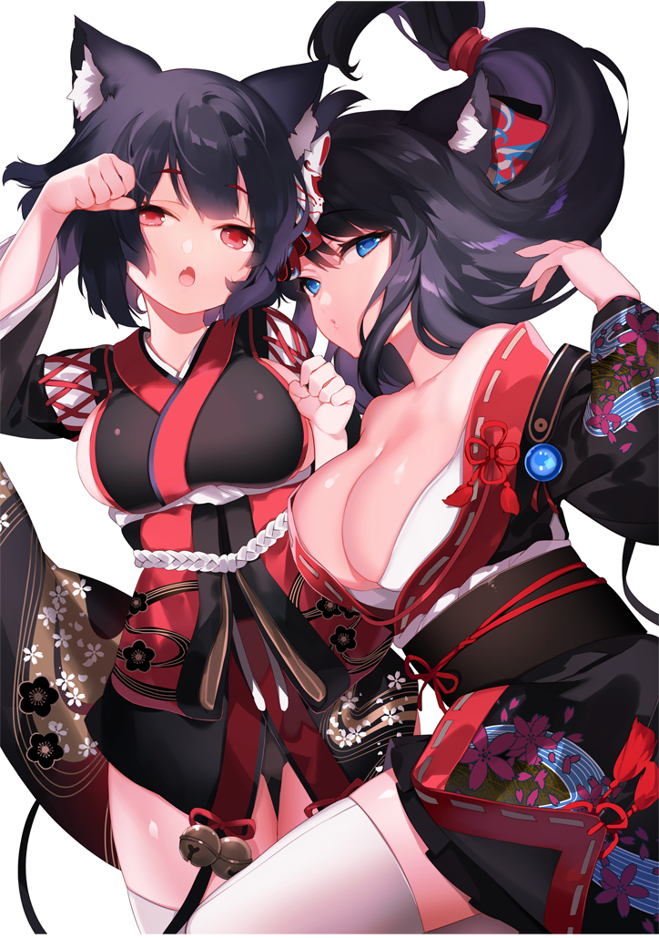 2girls animal_ears azur_lane bangs black_hair blue_eyes blush breasts butterfly_hair_ornament cat_ears cleavage collarbone commentary_request eyebrows_visible_through_hair floral_print fusou_(azur_lane) hair_ornament japanese_clothes large_breasts long_hair looking_at_viewer multiple_girls obi open_mouth paw_pose red_eyes sash short_hair smile thigh-highs uhouho14 white_legwear yamashiro_(azur_lane)