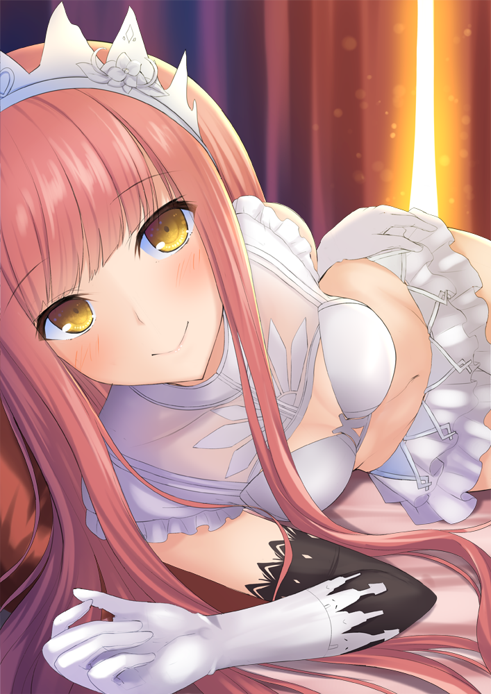 1girl backlighting bangs bare_shoulders bed_sheet blunt_bangs blush cleavage_cutout closed_mouth crop_top curtains elbow_gloves eyebrows_visible_through_hair fate/grand_order fate_(series) foreshortening frills gloves hand_on_hip long_hair looking_at_viewer lying medb_(fate/grand_order) miniskirt navel on_bed on_side pink_hair sidelocks skirt sleeveless smile solo stomach taiki_ken tareme tiara white_gloves white_skirt yellow_eyes