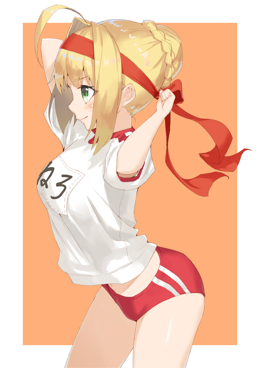 1girl ahoge arched_back arms_up bangs blonde_hair blush braid breasts closed_mouth eyebrows_visible_through_hair fate/grand_order fate_(series) french_braid from_side green_eyes gym_shirt gym_uniform hair_intakes headband highres jonsun large_breasts name_tag profile red_buruma saber_extra shirt sidelocks smile solo thighs tying