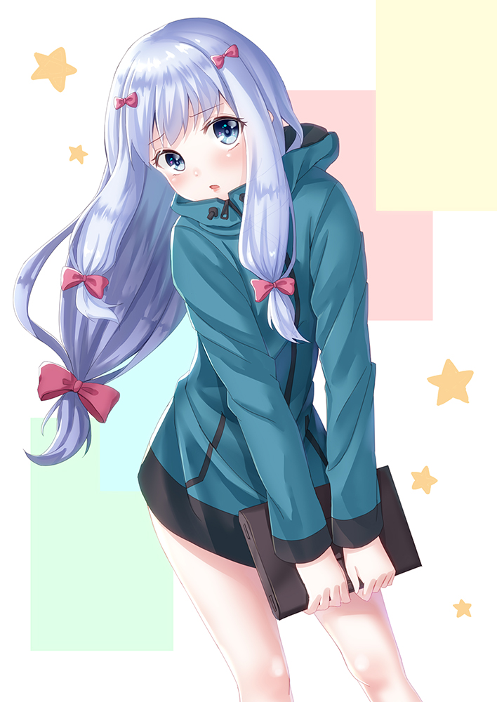 1girl blue_eyes blue_sweater blush bottomless bow eromanga_sensei floating_hair hair_bow holding izumi_sagiri long_hair looking_at_viewer open_mouth pink_bow silver_hair solo standing sumomo7317 sweater very_long_hair