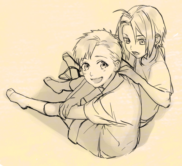 2boys alphonse_elric brothers edward_elric eyebrows_visible_through_hair fullmetal_alchemist greyscale hand_on_another's_back happy looking_at_another looking_at_viewer male_focus monochrome multiple_boys noako open_mouth sepia shirt short_hair shorts siblings simple_background smile socks