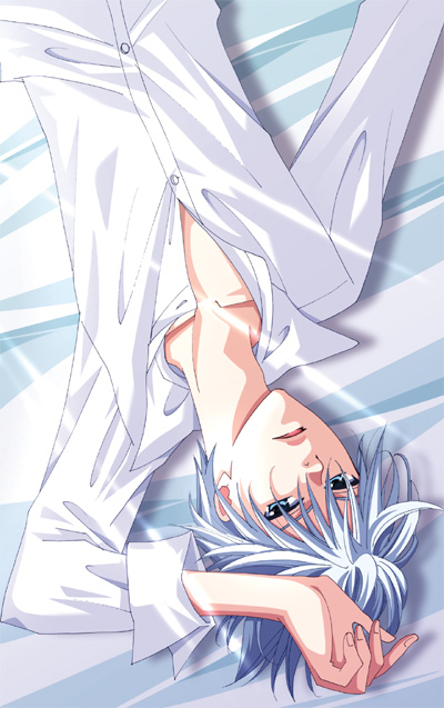 1boy bed_sheet blue_eyes collarbone from_above hand_on_own_head higashiyama_kazuko leroy_sulzkaya looking_at_viewer lying on_back parted_lips partially_unbuttoned partially_undressed pet_detective_y's shirt short_hair solo white_shirt