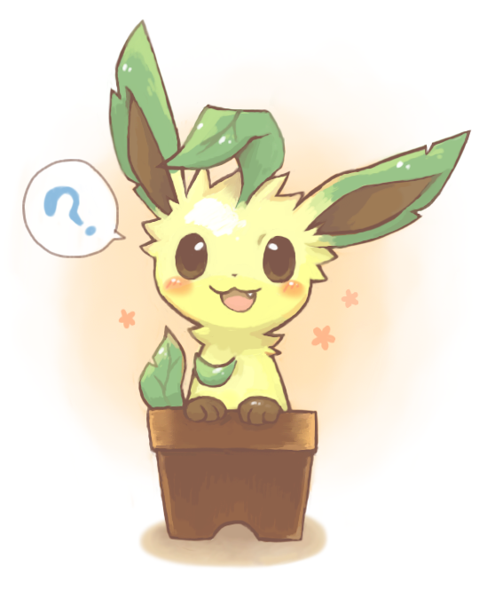 :3 ? blush_stickers commentary_request fang leaf leafeon looking_at_viewer mochi_(empty_p) no_humans pokemon pokemon_(creature) pot smile sparkle spoken_question_mark