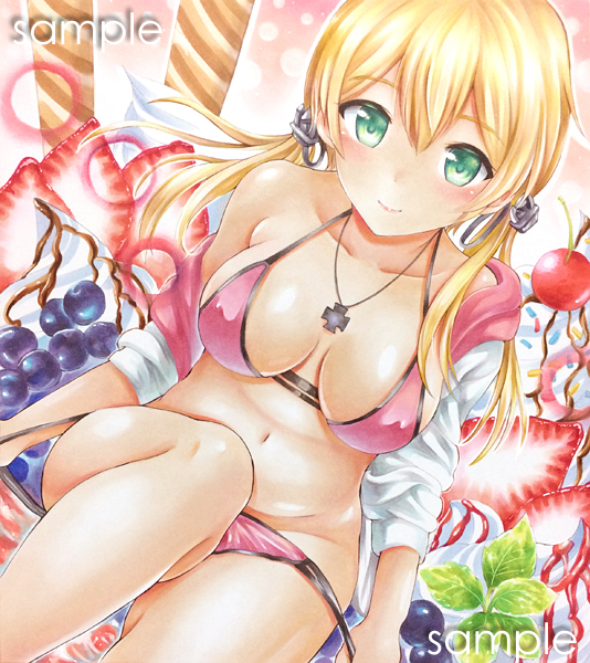 10s 1girl bikini bikini_pull blonde_hair blush breasts cardigan cleavage collarbone erect_nipples eyebrows_visible_through_hair fukukaminai green_eyes groin hair_between_eyes hair_ornament jewelry kantai_collection long_hair looking_at_viewer medium_breasts navel necklace off_shoulder open_cardigan open_clothes pink_bikini prinz_eugen_(kantai_collection) sample shiny shiny_skin sitting smile solo sweater swimsuit twintails white_sweater