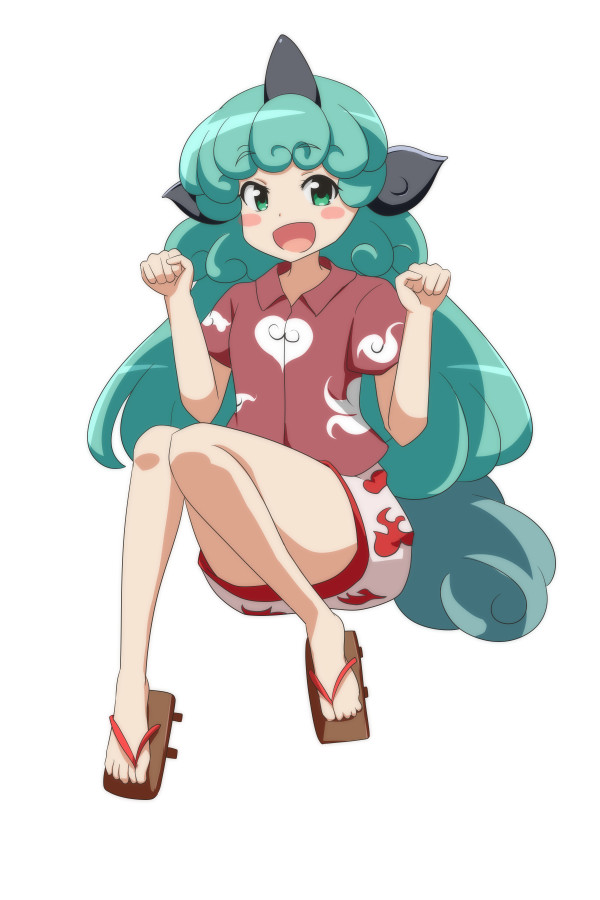 1girl :d animal_ears aqua_hair blush blush_stickers cato_(monocatienus) commentary curly_hair feet geta green_eyes horn jumping kariyushi_shirt komano_aun legs long_hair looking_at_viewer open_mouth paw_pose shorts smile solo tail toes touhou