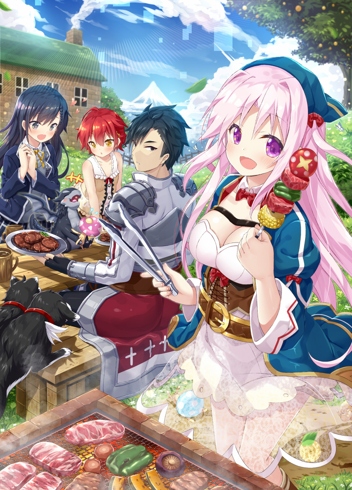 +++ 1boy 3girls :d armor barbecue black_hair commentary_request day dog dragon fingerless_gloves food gloves grill heart heart-shaped_pupils long_hair looking_at_viewer meat multiple_girls official_art open_mouth outdoors pink_hair plate redhead short_hair smile symbol-shaped_pupils table vambraces violet_eyes yano_mitsuki yellow_eyes